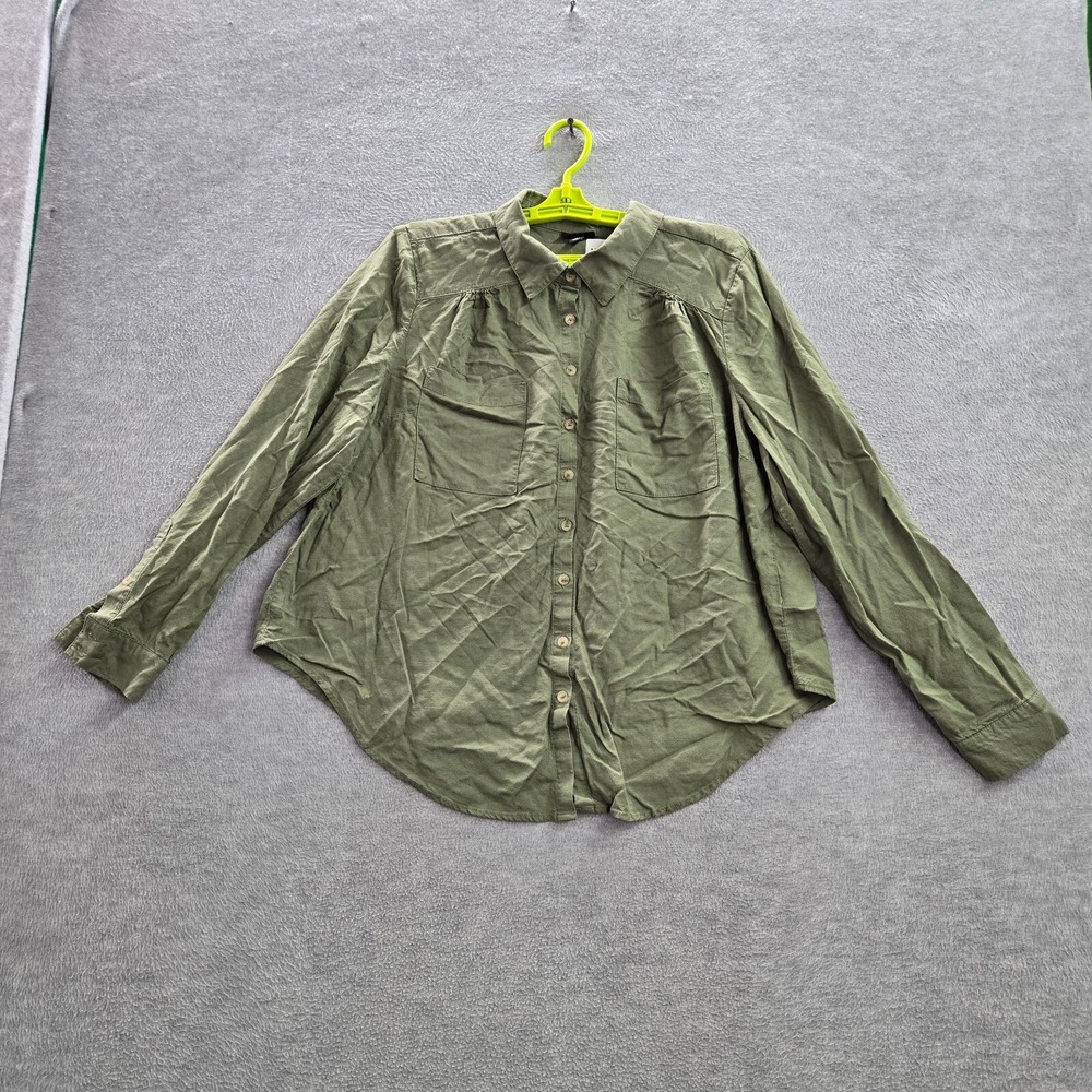 Torrid Women Top 0 Green Linen Blend Long Sleeve Button Up Collar
